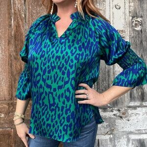 JADE Cinched Top - Jazzy Leopard - Ruffle neck and‎ cinched sleeves